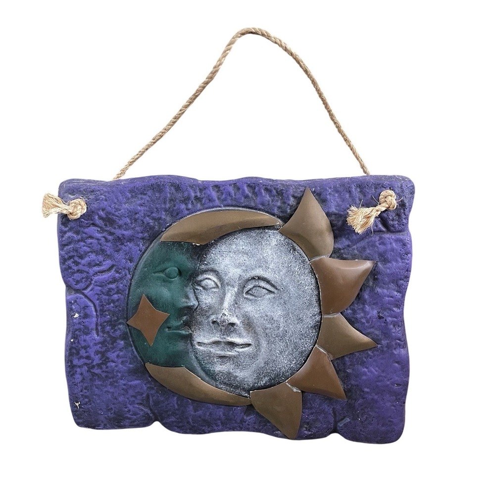 Sun Moon Celestial Vtg Decor Yard Art Copper 11.5" Boho Purple Green Hanging 3d